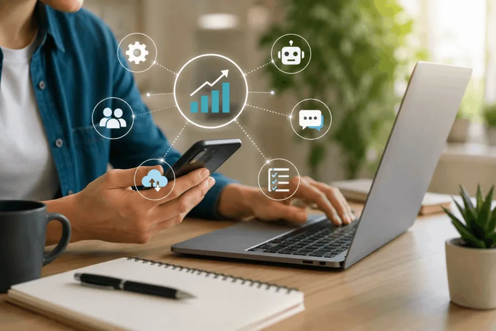 Small business owner using digital tools and automation to improve customer enquiries and business processes