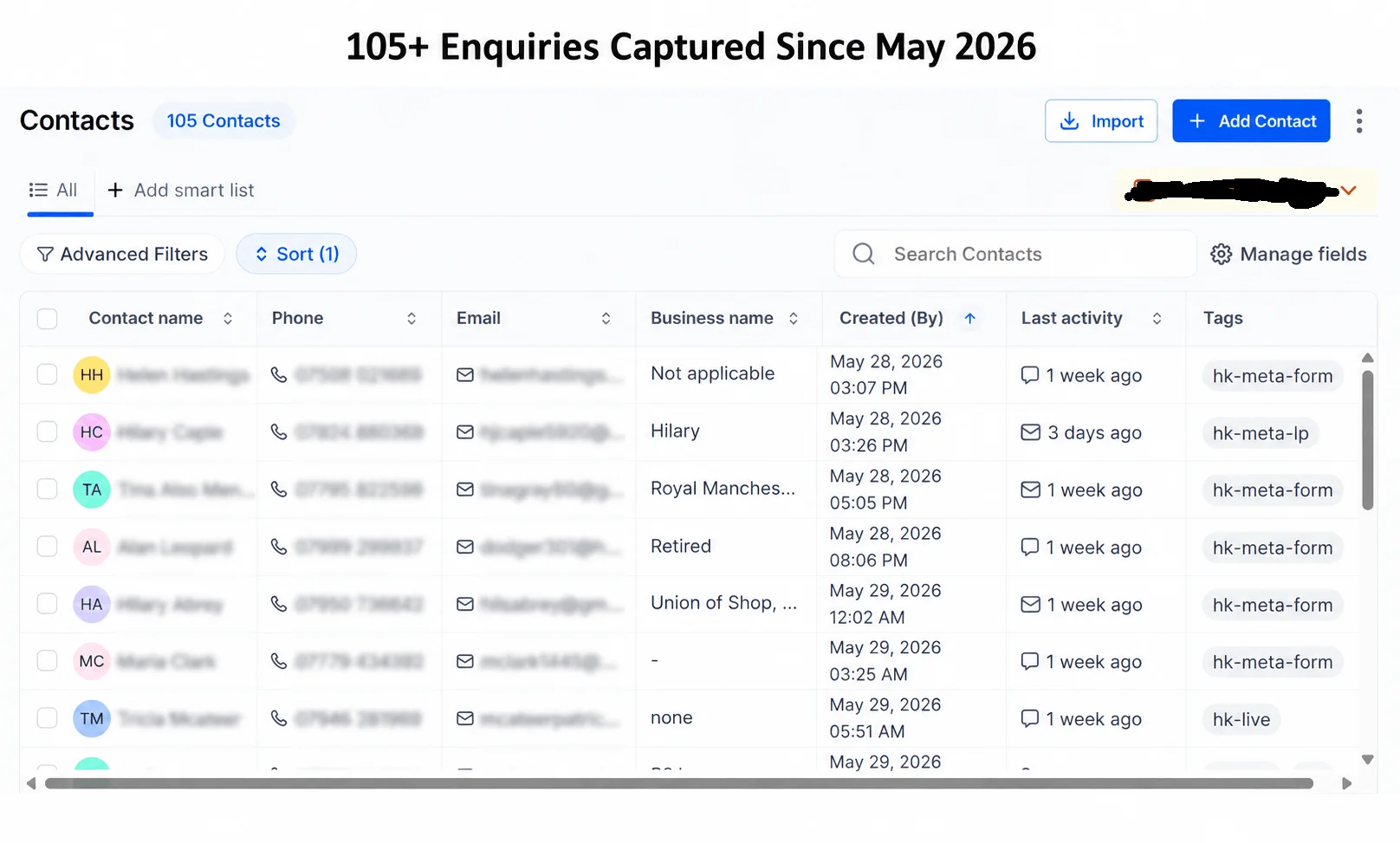 Katie AI showing 105+ enquiries captured since May 2026