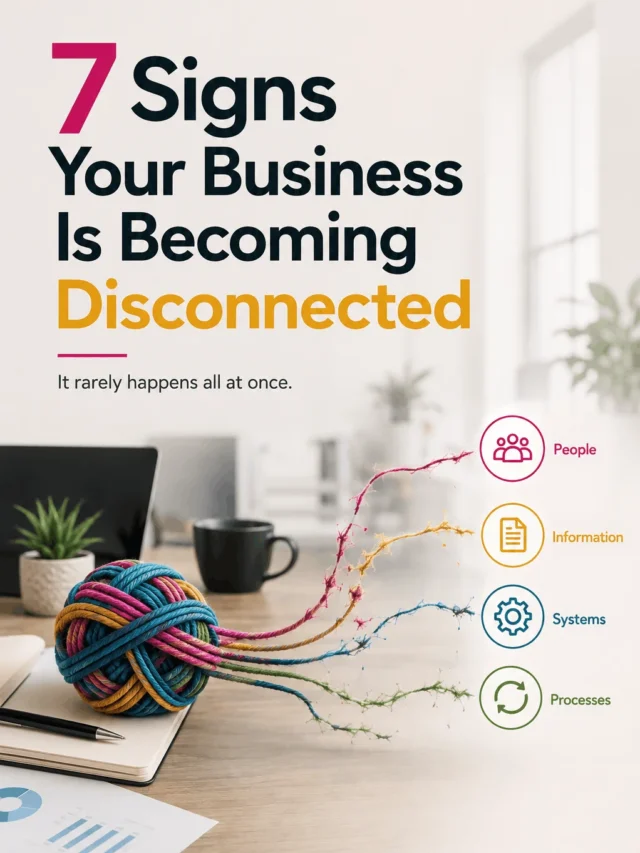 Seven signs a business is becoming disconnected, illustrated by business connections gradually separating.