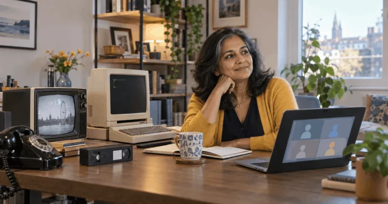 Dav Kaur reflecting beside technology from telephone exchanges and DOS computers to video calls and modern AI tools.