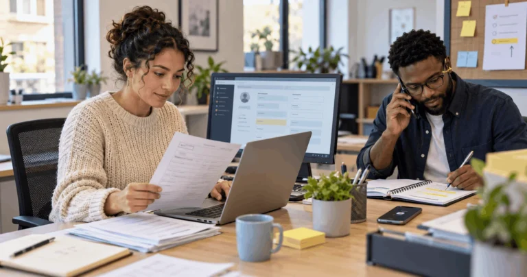 Two SME colleagues manually copying customer information, checking follow-ups and tracking work across disconnected notes, messages and systems.