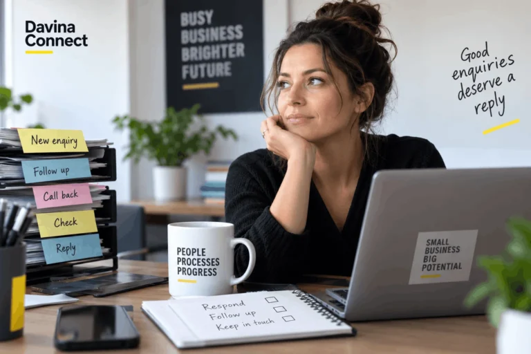 Busy business owner managing customer enquiries and follow-ups