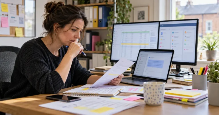 Business owner comparing an AI draft with customer information held across an inbox, spreadsheet and CRM.