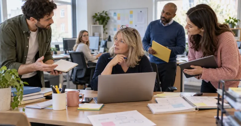 Colleagues asking one person questions at a busy office desk