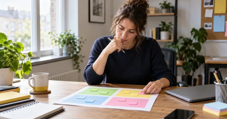 Business owner reviewing a one-page summary grouped into what's working, sort, park and drop