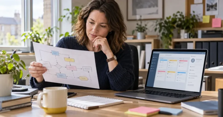 A one-page enquiry process map beside a laptop displaying a CRM screen