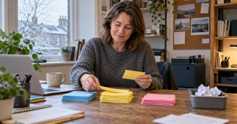 Business owner sorting a year-end task list into What's Working, Sort It, Park It and Drop It.